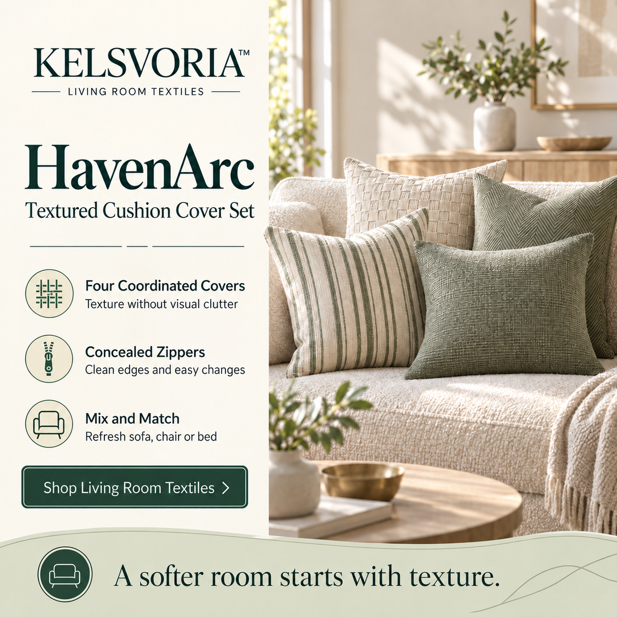 KELSVORIA™ HavenArc Textured Cushion Cover Set