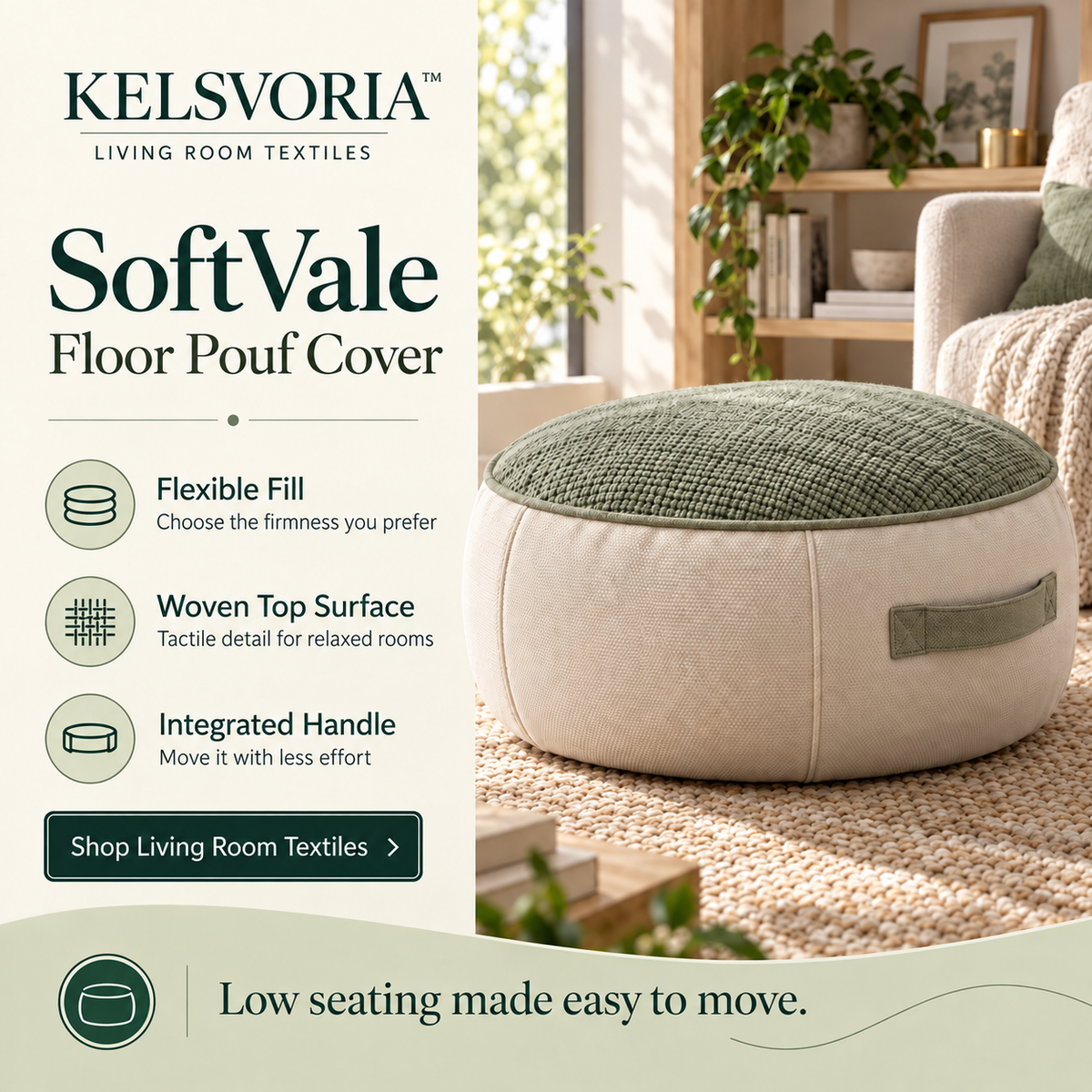 KELSVORIA™ SoftVale Floor Pouf Cover