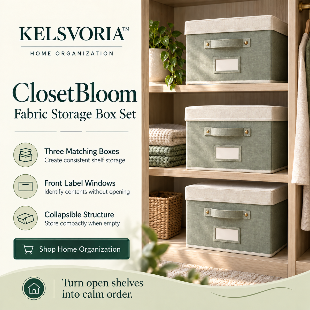 KELSVORIA™ ClosetBloom Fabric Storage Box Set